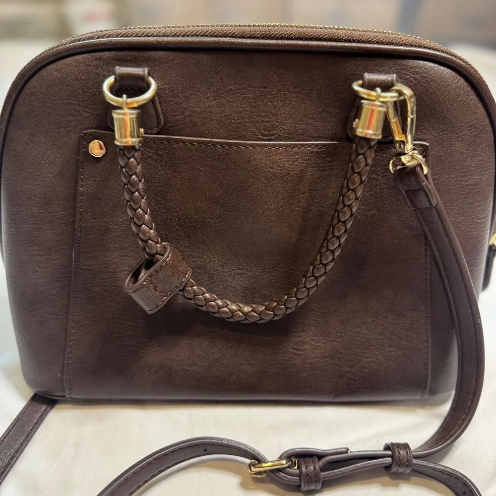 Madison West Camila Red Oxblood Satchel Faux Leather Purse Braided Handle